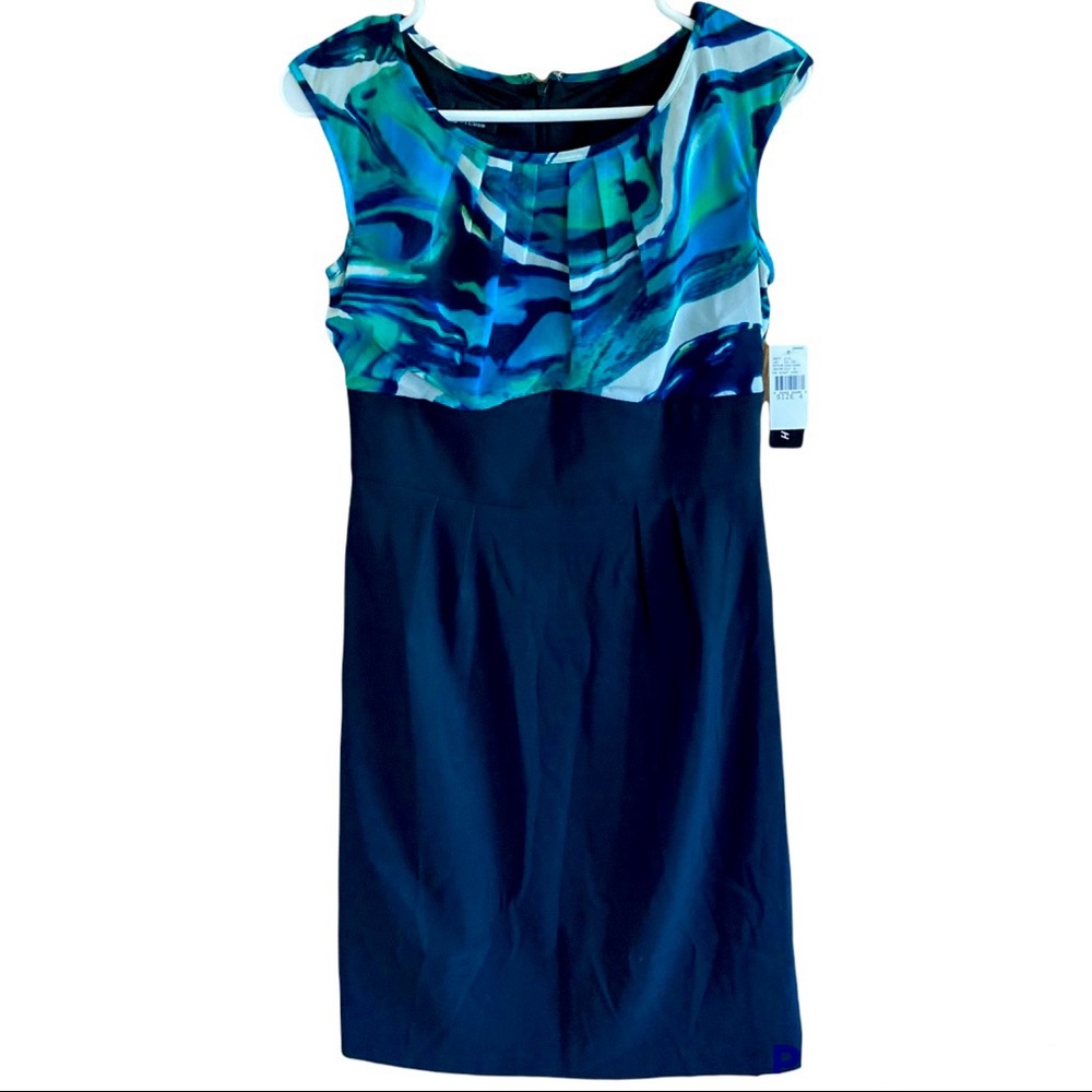 AB Studio Dress Sleeveless Marble Turquoise Blue Green White Pleat Black A-Line
